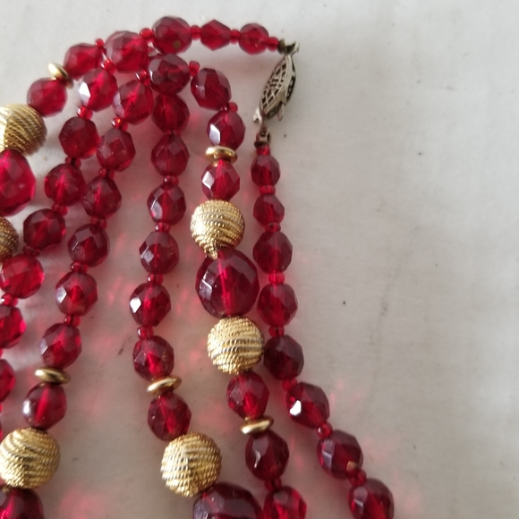 VTG Art Deco CHERRY RED faceted GLASS 60" NECKLACE - Picture 4 of 6
